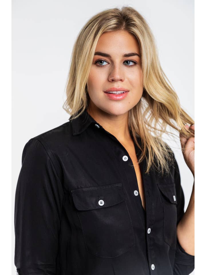 Emily Phillips Clothing - Vente Chemise à col boutonné – femme - Chemise Noire Tencel pour petite amie1