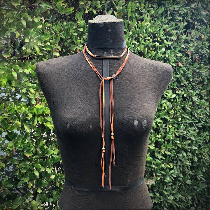 ASTALI - Wholesale Choker/Collar - Leather Wrap Choker - Rust & Brass, Western Necklace/Hatband3
