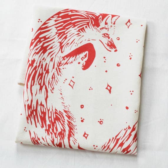 Hearth and Harrow - Wholesale Tea Towel - Organic Cotton Celestial Fox Tea Towel in Red - Animal Print