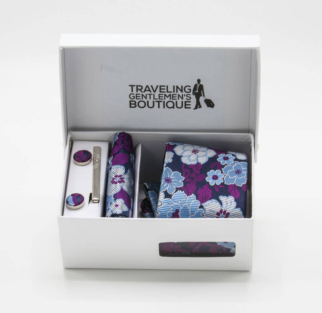 Traveling Gentlemens Boutique - Wholesale Gift Box - Classic Sky Blue & Purple Novelty Men's Tie with Pocket Square, Tie Clip And Cufflinks0