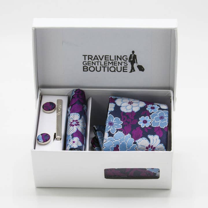 Traveling Gentlemens Boutique - Wholesale Gift Box - Classic Sky Blue & Purple Novelty Men's Tie with Pocket Square, Tie Clip And Cufflinks0