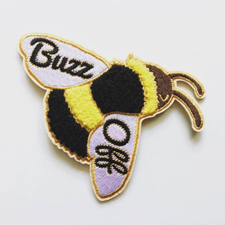 Buzz Off Bumble Bee Chenille Embroidered Iron On Patch for wholesale by ILOOTPAPERIE