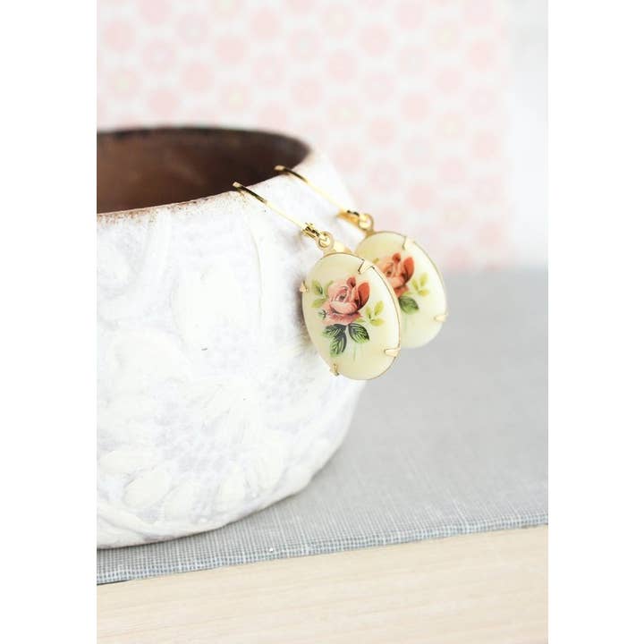 A Pocket of Posies - Wholesale Dangle Earrings - Cameo Drop Earrings - Vintage Style Red Rose