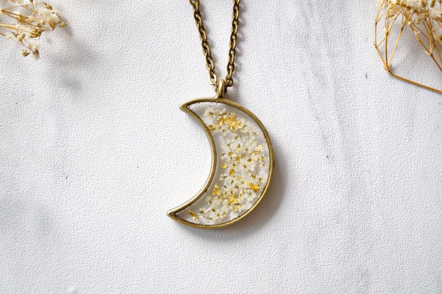 Ann + Joy - Wholesale Pendant/Charm Necklace - Moon in White & Gold Foil Mix Real Pressed Flowers and Resin Necklace1