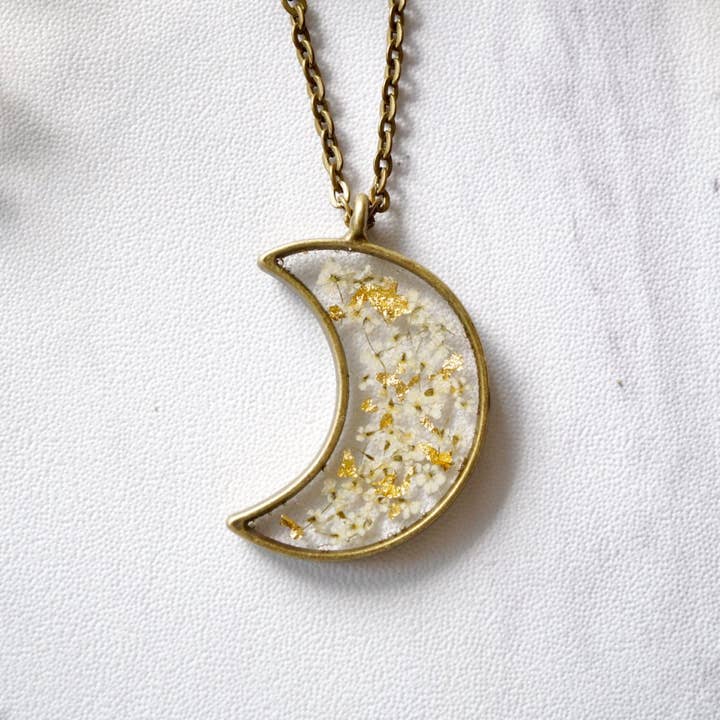 Ann + Joy - Wholesale Pendant/Charm Necklace - Moon in White & Gold Foil Mix Real Pressed Flowers and Resin Necklace1
