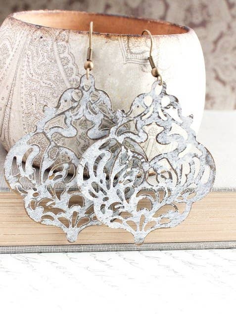 Shabby White Patina Earrings - Big Filigree Dangles for wholesale by A Pocket of Posies