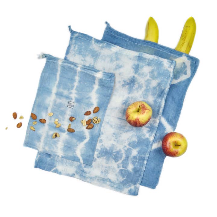 Gray Green Goods - Wholesale Grocery/Shopping Bag - Reusable cotton produce bags, set of 3, tie-dye indigo