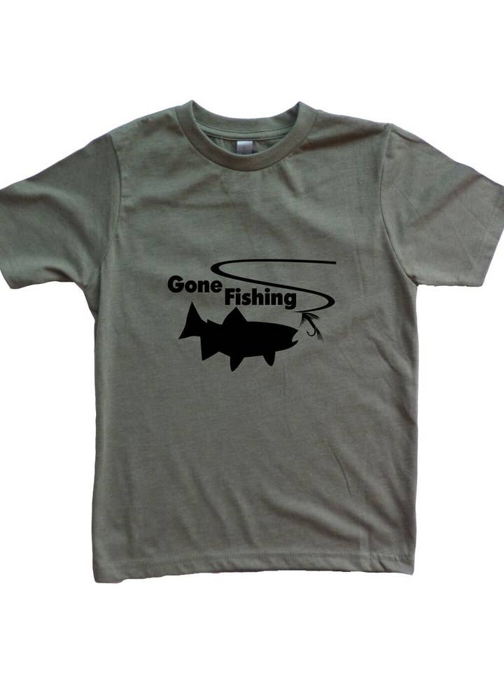 Outdoorable Apparel – wholesale Screen-printed t-shirt – Kids – Military Green with Black Gone Fishing Boy's Shirt0