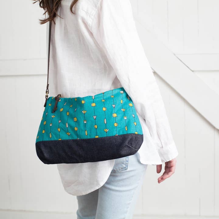 Eliot Crossbody Bag In Oceans Teal & Olive Linen Canvas for wholesale by Frankie & Coco PDX