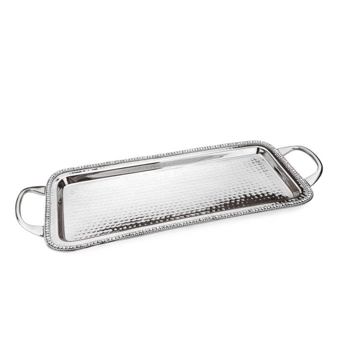 CLASSIC TOUCH DECOR INC. - Wholesale Serving Tray - Hammered Stainless Steel Tray w Diamonds- 20"L x7.5"W1