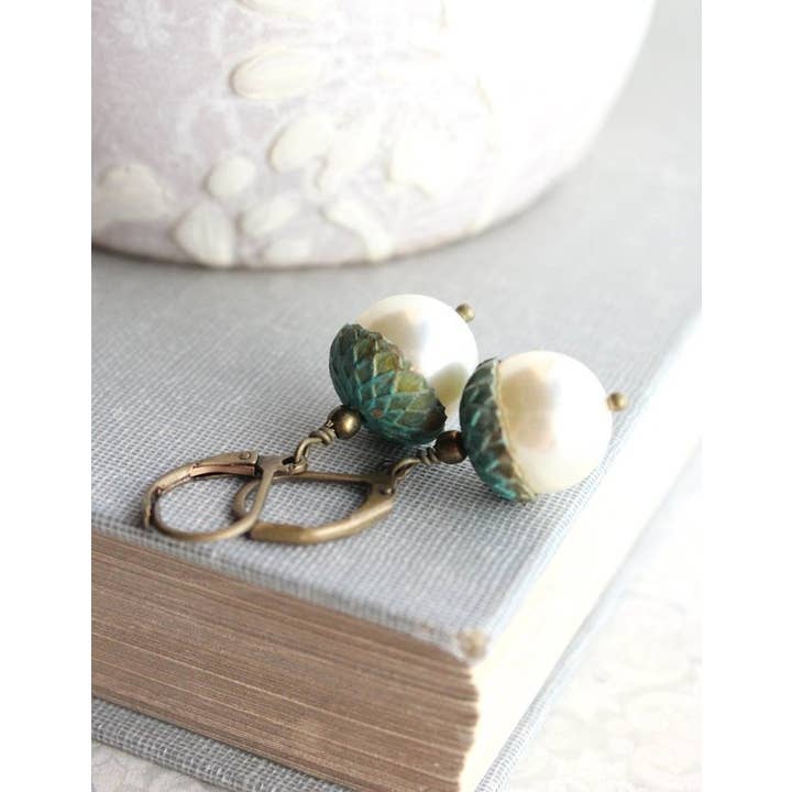 A Pocket of Posies - Wholesale Dangle Earrings - ivory Pearl Acorn Earrings - Verdigris Patina2