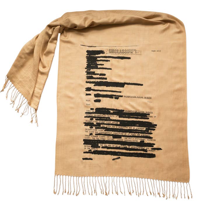 UFO Redacted Bamboo Scarf, Declassified NSA Memo Pashmina for wholesale by Cyberoptix Tie Lab