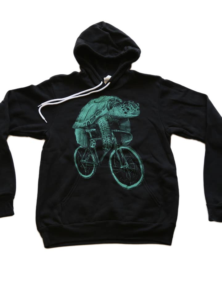Sea Turtle On A Bicycle Hooded Pullover Sweatshirt for wholesale by Dark Cycle Clothing
