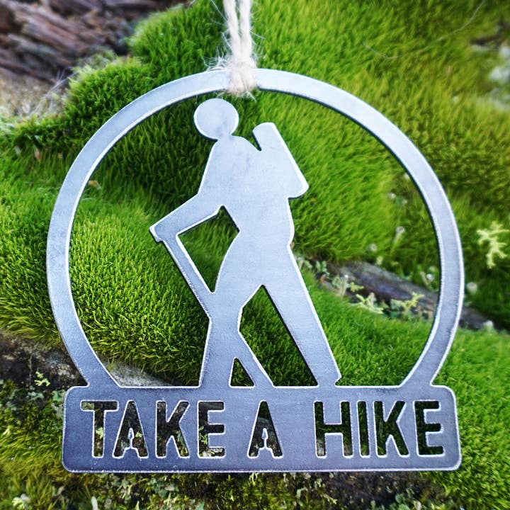 Take a Hike Ornament Raw Steel Metal Ornament Adventure for wholesale by BE Creations & Designs, Inc.