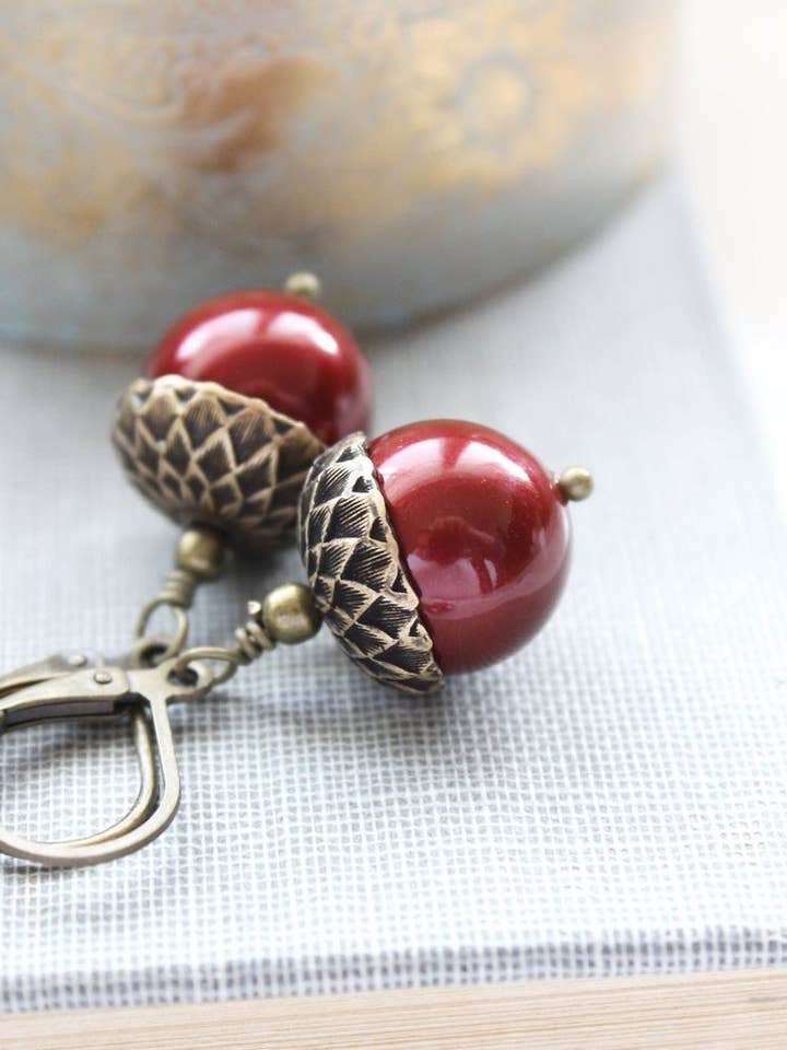 Acorn Earrings | ANTIQUED BRASS | Cranberry Red Earrings for wholesale by A Pocket of Posies