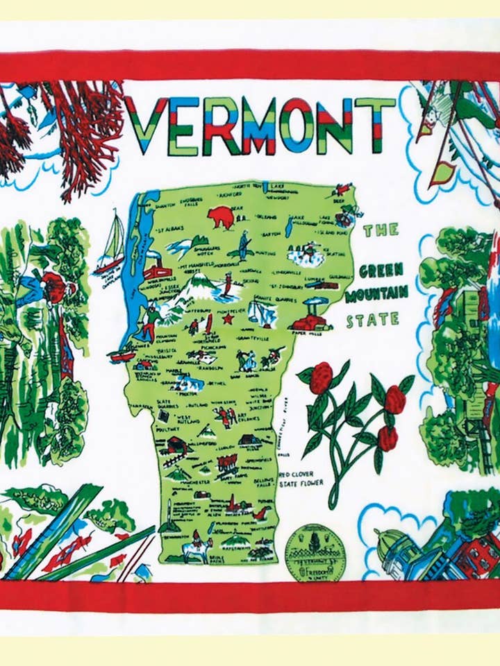 Torchon rétro en forme de sac de farine Motif carte du Vermont pour la vente par Red and White Kitchen Company