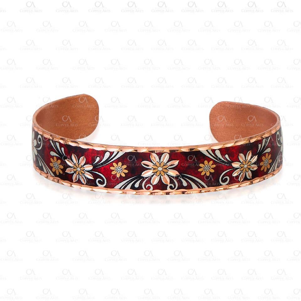 COPPER ARTS INC. - Venta al por mayor Pulseras tipo brazalete - BNF 05 Pulsera de diseño estrecho y delgado con flor roja1