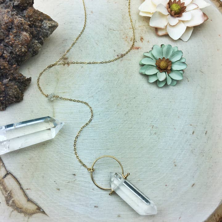 Natural Crystal Quartz Drop 14k Gold Filled Hoop and Chain for wholesale by Enclave Gold