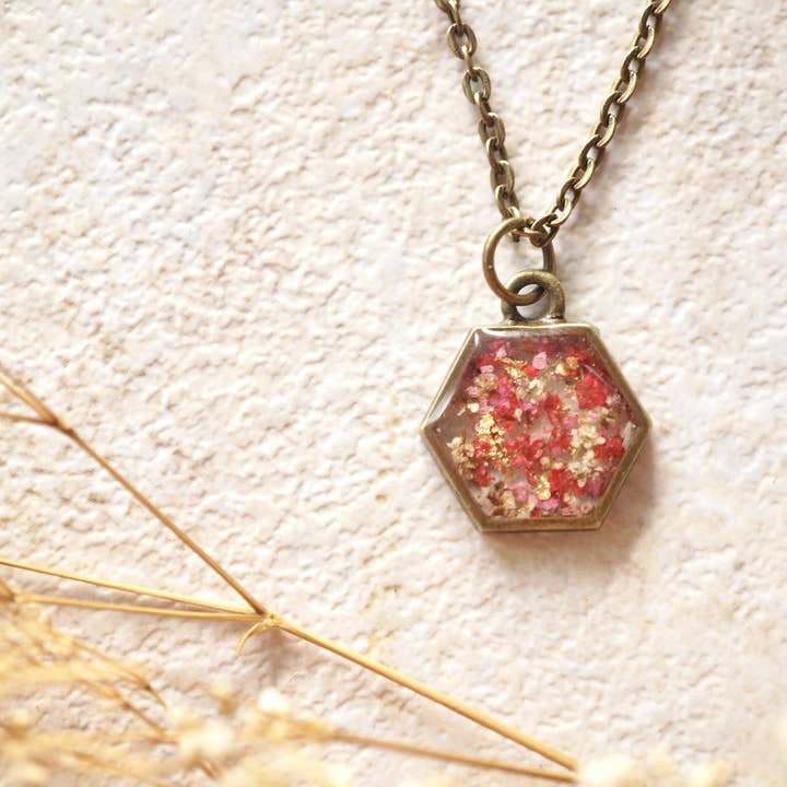 Hexagon in Pink & White Mix Real Dried Flowers in Resin Necklace for wholesale by Ann + Joy