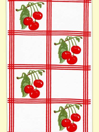 Country Cherry, Red, Retro Flour Sack Kitchen Towel for wholesale by Red and White Kitchen Company