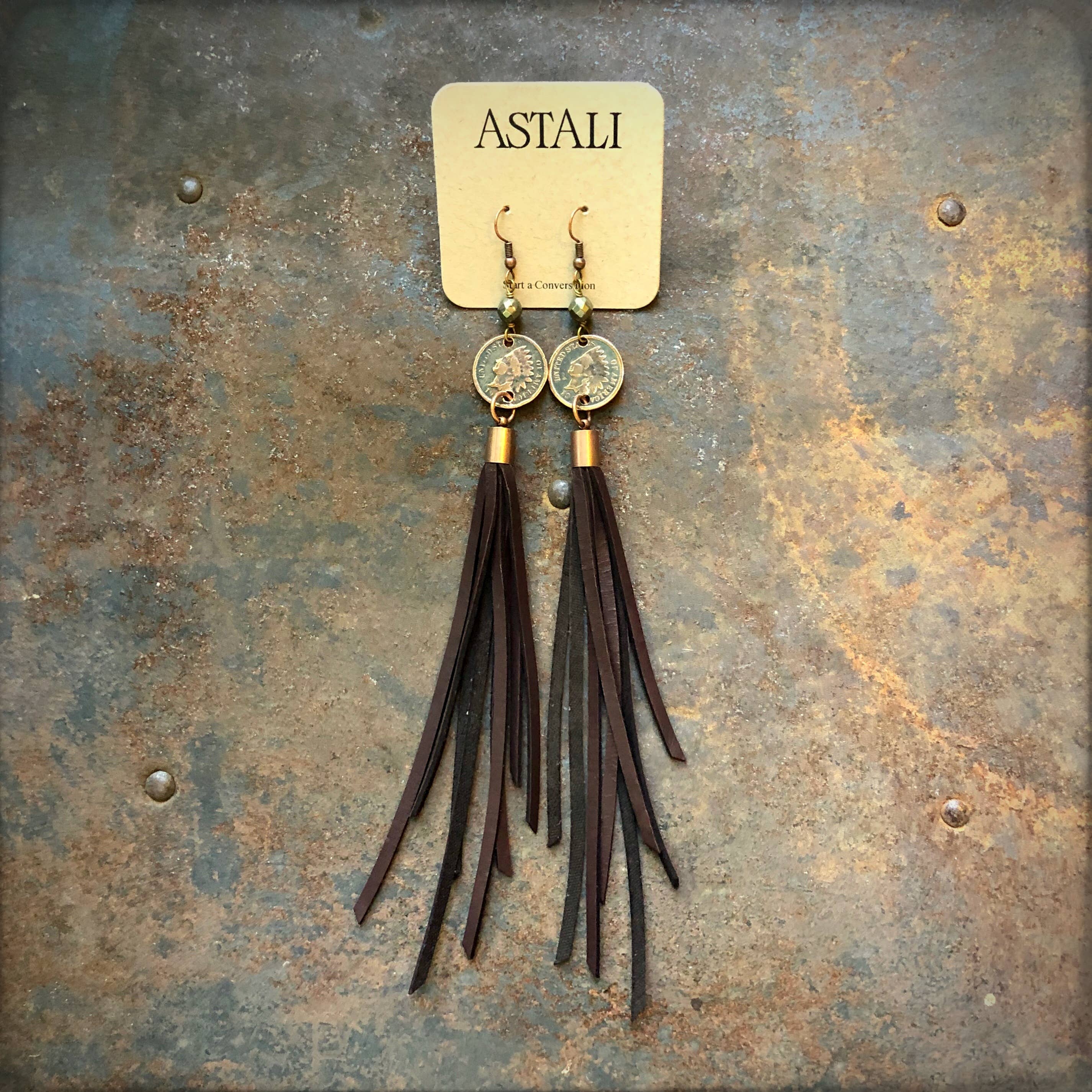 ASTALI - Wholesale Tassel Earrings - Indian Head Cent & Leather Tassel Earrings - Chocolate Brown7