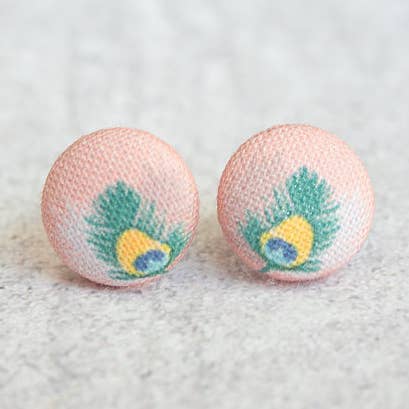 Rachel O's - Wholesale Stud/Post Earrings - Peacock Feather Fabric Button Earrings0