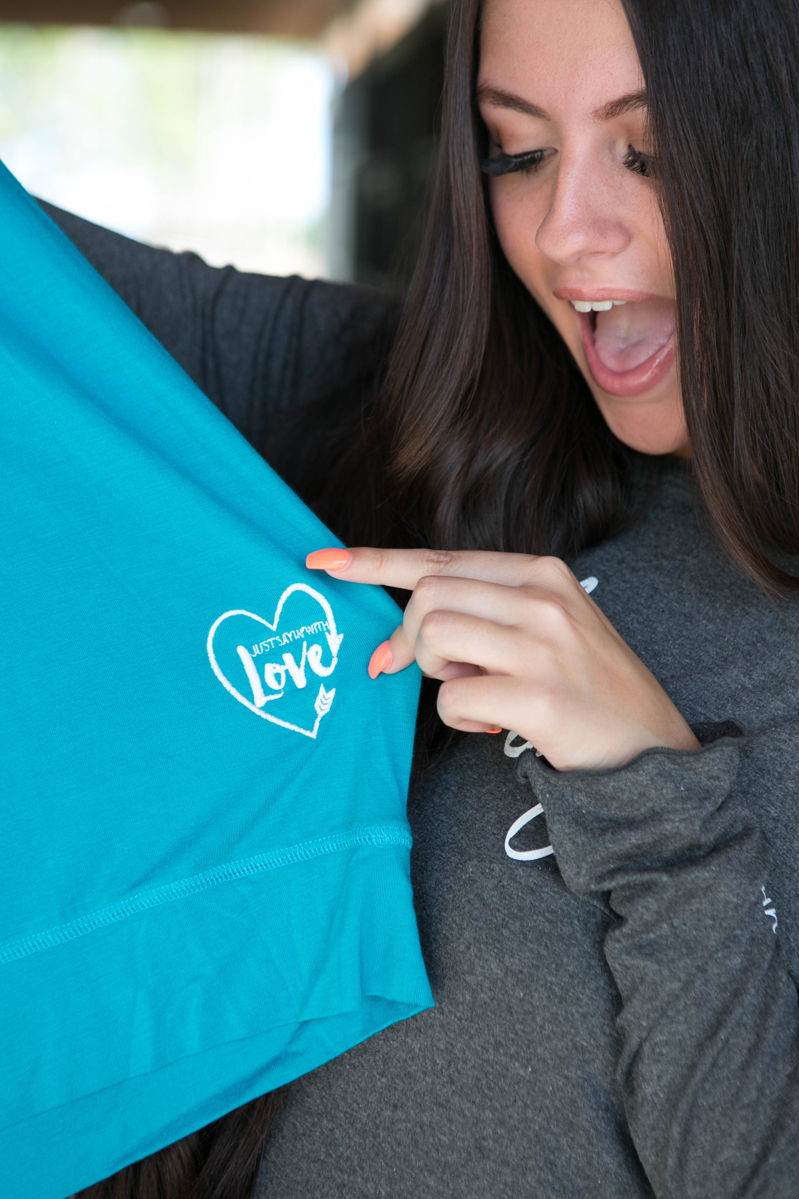 Just Sayin' With Love - Wholesale Screen Printed T-Shirt - Women's - Turquoise Off The Shoulder4