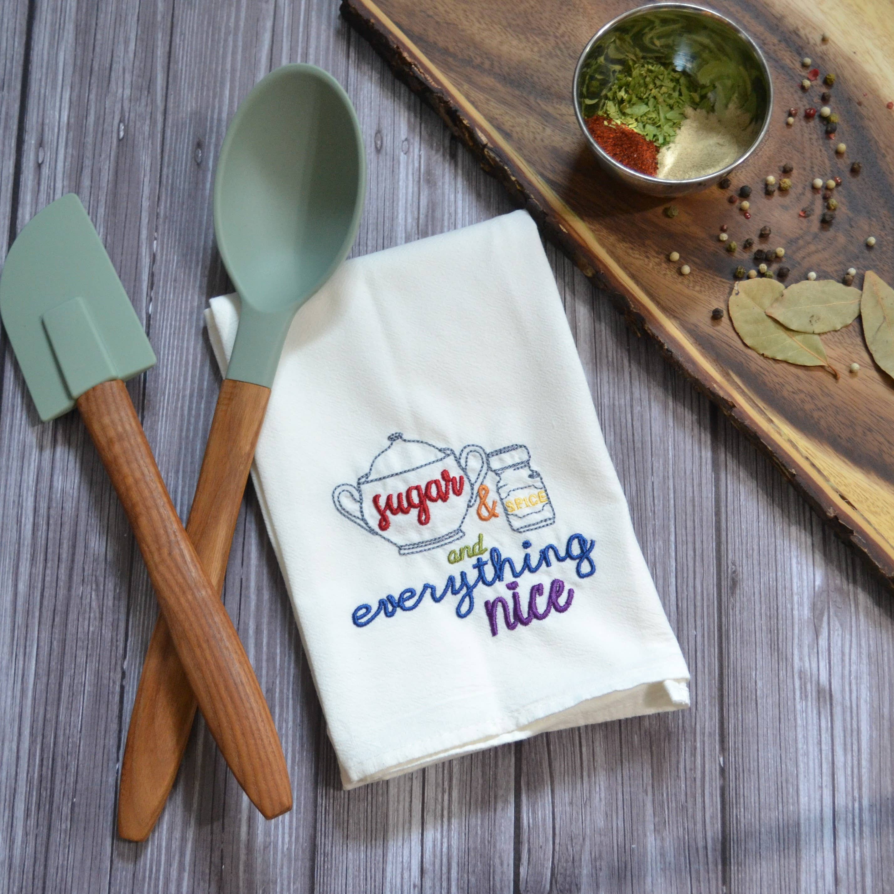 SewMuchMoreStore - Wholesale Tea Towel - Sugar & Spice Tea Towel - Embroidered Floursack Towel0