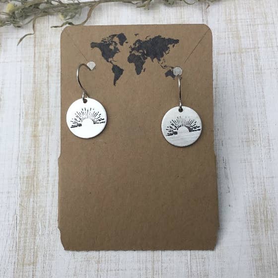 Sun burst circular earrings in silver color for wholesale by Jamie Haley Designs