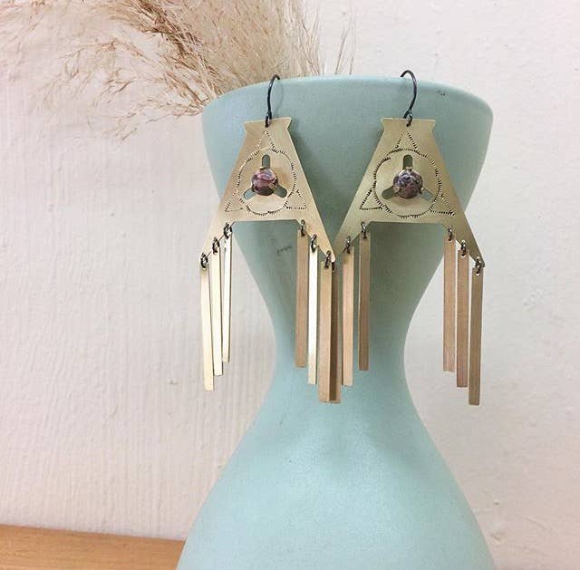 LUNASOL - Wholesale Dangle Earrings - Stamped brass earrings w/ prong set stone and brass dangles1