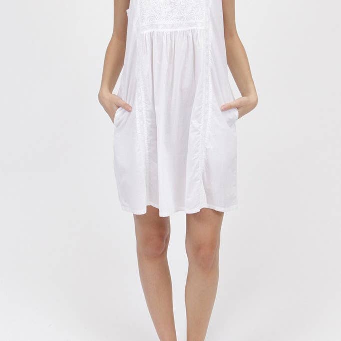Embroidered Bib Sleeveless Short Chemise - WHITE for wholesale by La Cera