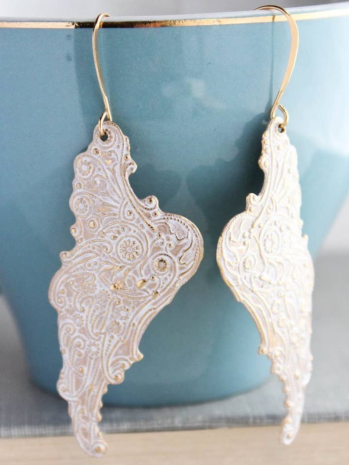 Wing Shabby White Patina Earrings for wholesale by A Pocket of Posies