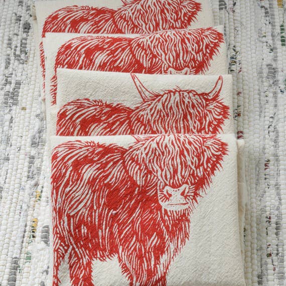 Hearth and Harrow - Wholesale Dinerservet - Set van 4 servetten van biologisch katoen - Red Scottish Highland Cow2