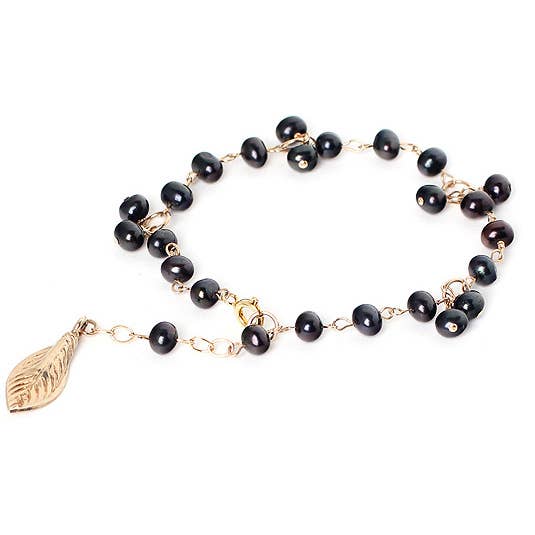 Gold - Black Pearl Bracelet W/ Leaf Pendant for wholesale by Alicia Marilyn Designs