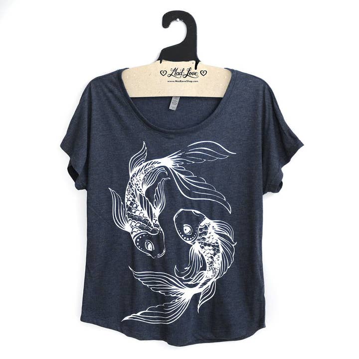 Mad Love Shop – wholesale Screen printed t-shirt – Women′s – Navy Dolman Top with Koi Print0