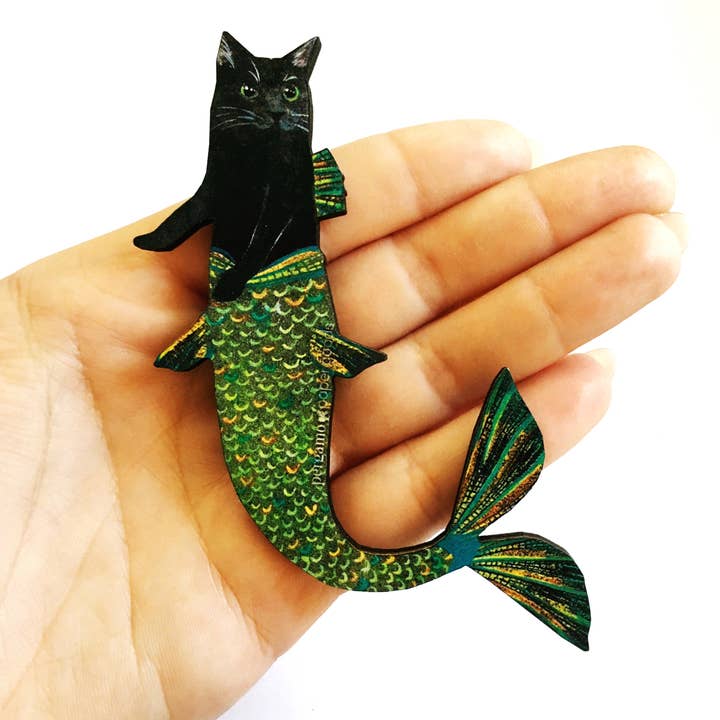 Pergamo Paper Goods - Wholesale Magnet - Black Cat Mermaid Wood Magnet