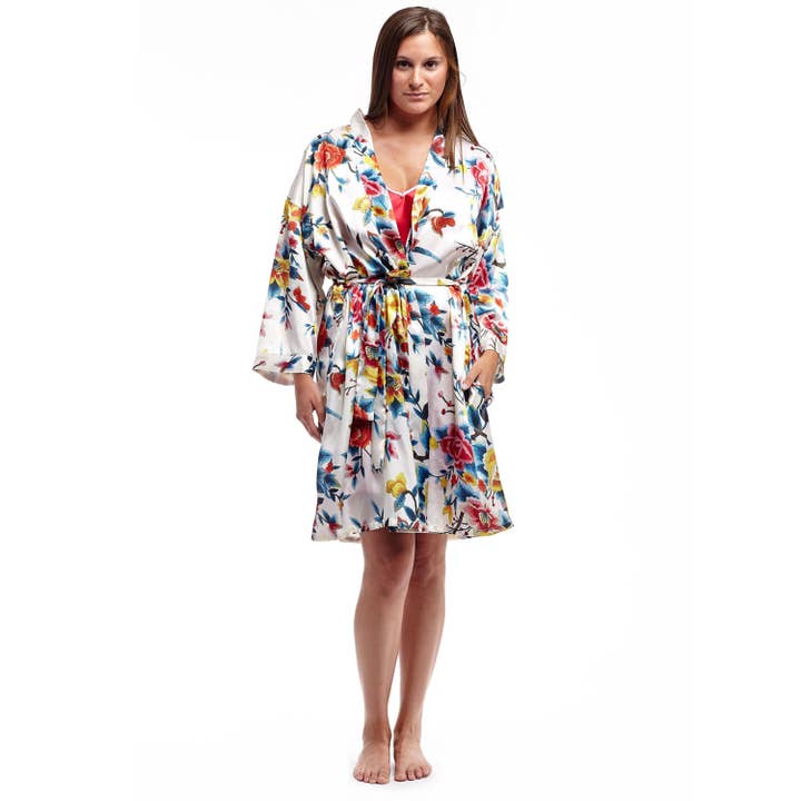 Floral Multicolored Satin Short Robe - RED for wholesale by La Cera