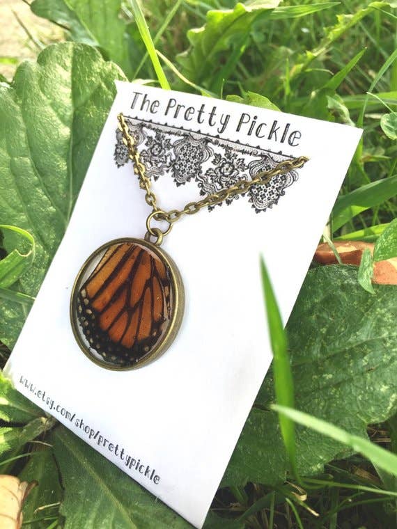 The Pretty Pickle - Wholesale Pendant/Charm Necklace - Real Monarch Butterfly Wing Necklace1