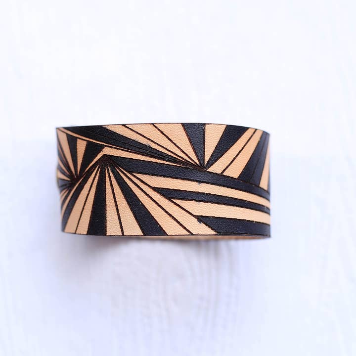 Leather Cuff - Black Ray Pattern for wholesale by Buzzing Bird Studios, LLC