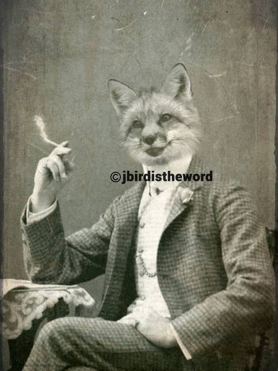 Smoking Fox Print, Pop Surrealism, Low Brow Art for wholesale by The Wild Oddisorium