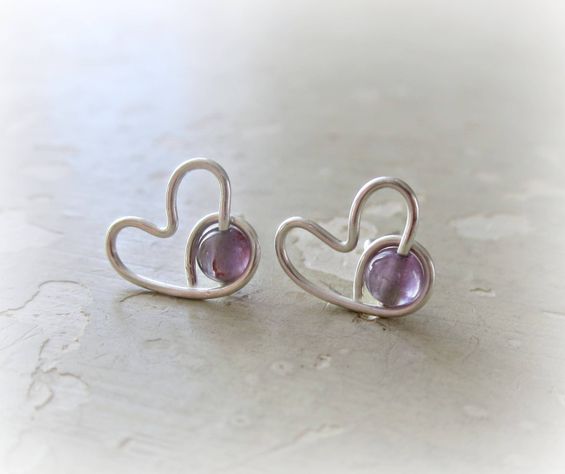 Contempo Jewelry - Wholesale Stud/Post Earrings - Amethyst + Sterling Silver Heart Stud Earrings 2