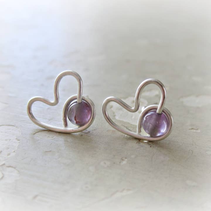 Contempo Jewelry - Wholesale Stud/Post Earrings - Amethyst + Sterling Silver Heart Stud Earrings 2