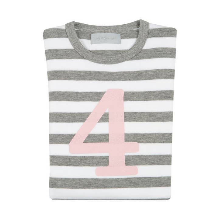Grau meliertes und weiß gestreiftes Nummer 4 T-Shirt (Malvenrosa) für den Großhandel von Bob & Blossom Ltd