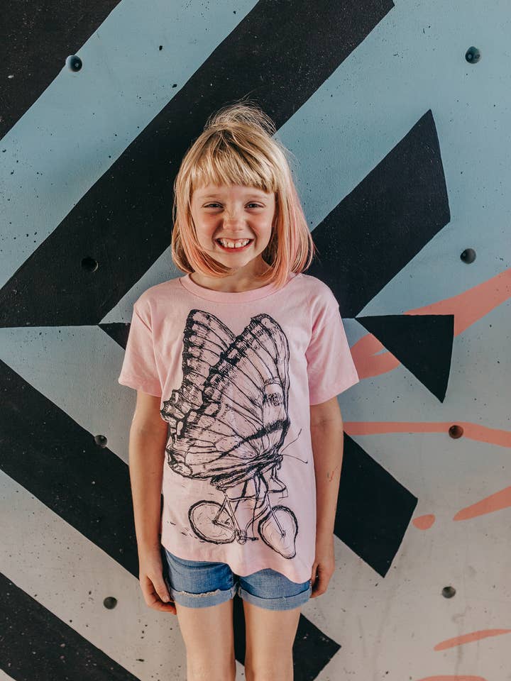 Butterfly On A Bicycle Kids' Shirt for wholesale by Dark Cycle Clothing