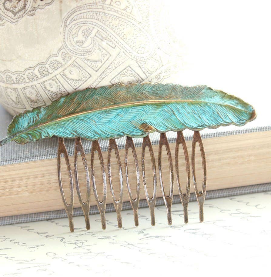 A Pocket of Posies - Wholesale Hair Pin - Big Feather Hair Comb - Verdigris Patina2