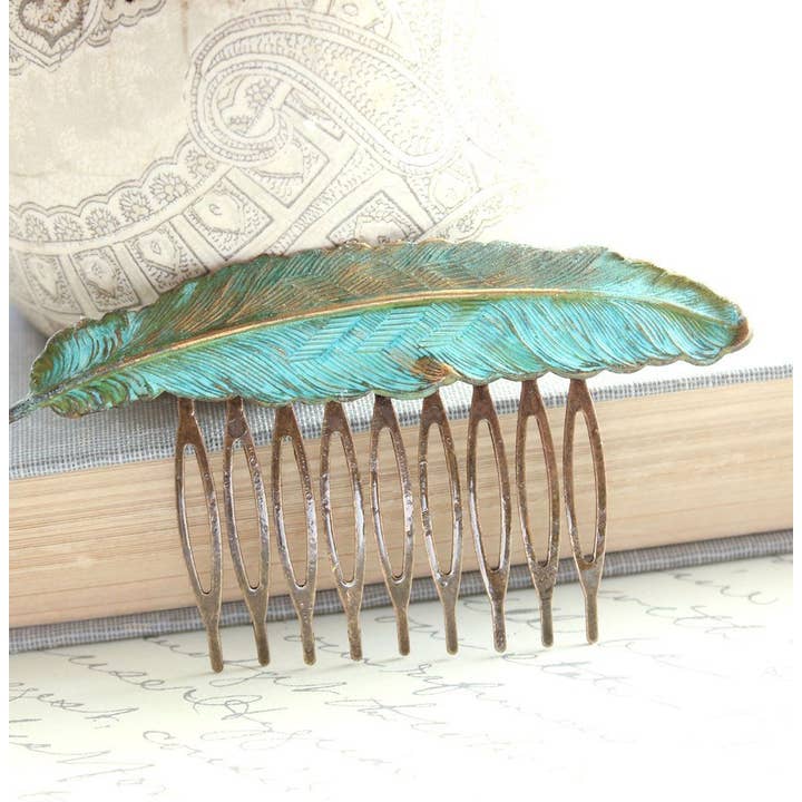A Pocket of Posies - Wholesale Hair Pin - Big Feather Hair Comb - Verdigris Patina2