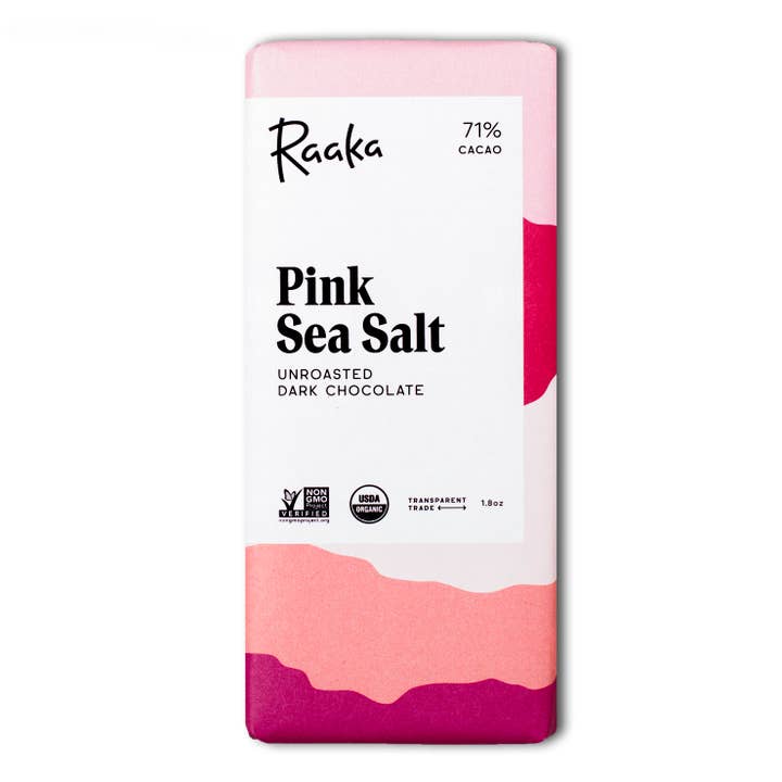 71% Barre de chocolat au sel de mer rose pour la vente par Raaka Chocolate