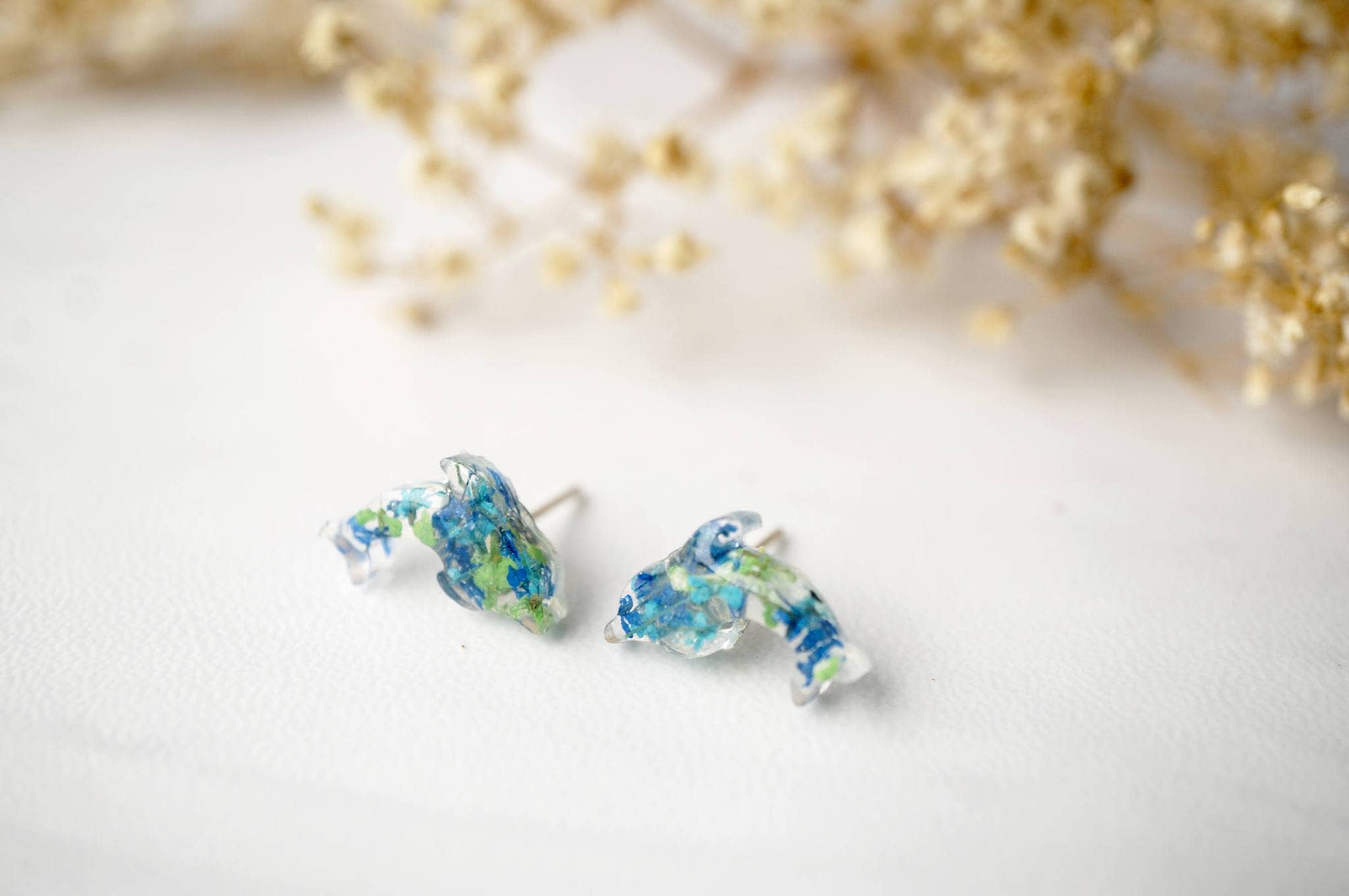 Ann + Joy - Wholesale Stud/Post Earrings - Dolphin in Greens & Blues Real Dried Flowers and Resin Stud Earrings2