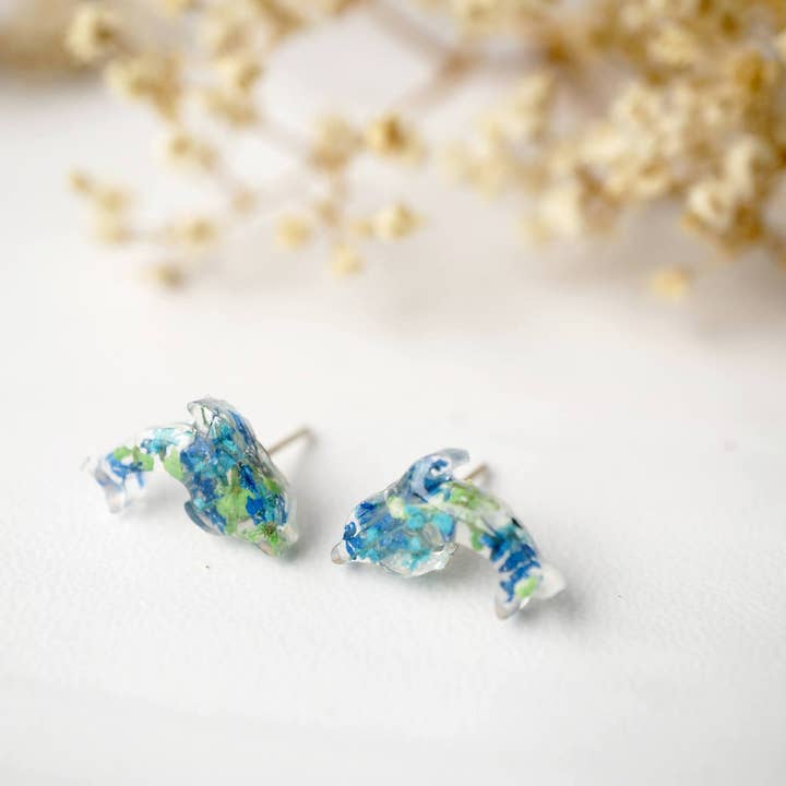 Ann + Joy - Wholesale Stud/Post Earrings - Dolphin in Greens & Blues Real Dried Flowers and Resin Stud Earrings2