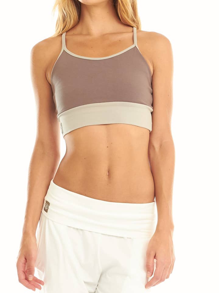 Houtskool en Husk Sukha Yoga BH voor wholesale door Satya Yoga Wear